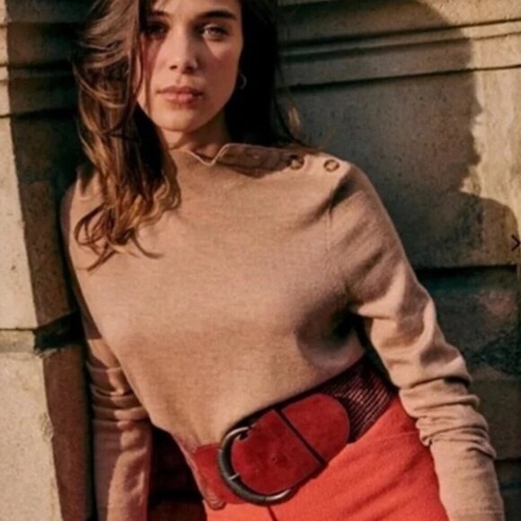 Sezane Merino Wool Sweater Button Shoulder Camel Brown Size Medium Turtleneck M - Picture 14 of 15